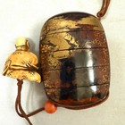 Japanese Antique Wooden Gold Maki-e Inro 6 5  5cm With Netsuke Medicine Case F s