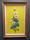 Vintage Framed Set Of Two Embroidered Daisies Flowers Yarn Crewel Art 13  X 9 