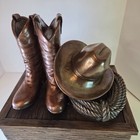 Large Cowboy Hat  Rope  Boots Bronze Cremation Urn Box 11 1 4 X 9 X 12 1 2