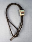 Vintage Navajo Sterling Silver Inlaid Turquoise Mop Coral Bolo Tie Leather Teme