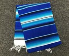 Traditional Mexican Blanket Striped Blue White Ocean Serape Baja Blanket Xl