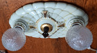 Vintage Art Deco Porcelain Ceiling 2 Light Fixture Gold Accents Flush  works 
