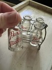 Clear Glass Miniature  pure Milk  Bottles Set Of 4 With Metal Wire Carrier