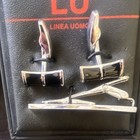 Linea Uomo Men s Metal Cufflinks   Tie Bar Accessory Set  Black silver  3pc