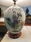 Antique Chinese Famille Rose Porcelain Jar Wooden Base Table Lamp  a Pair