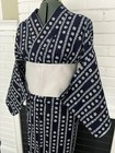 Vintage Japanese Yukata     Deep Navy With White Floral Stripe Pattern