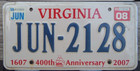 Virginia 2008 400th Anniversary License Plate  Jun 2128  June 21 28