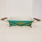 Pyrex 2 Qt Teal Gold Wheat Promotional Casserole Dish W  Lid   Stand   575 -b