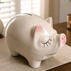 Vintage Piggy Bank 8  Ceramic  pig With An Attitude  Mid Century Cream Pink Blue
