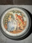 1930s Aluminum Powder Puff Wind Up Music Box Victorian Courting Scene Works 