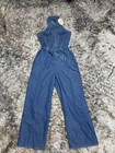 Sleeveless Denim Wide-leg Collared Button-up Belted Jumpsuit Blue