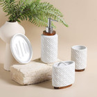 Bathroom Accessories Set 4 Pcs Toothbrush Holder Soap Dispenser Ceramic And Wood