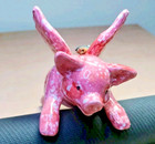 Glazed Ceramic Flying Pig Figurine Pink White Speckled Whimsical Beaded Stem