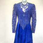 Vintage 80s Handmade Lace Beaded Midi Dress Womens 6 Blue Sequins Suede Regency