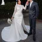 2 In 1 Detachable Train High Collar Mermaid Wedding Dress With Long Sleeves