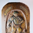 Vtg Hand Carved Wood Plaque - Farmer Relief- Folk Art Rustic Wall Hanging-16   x9   