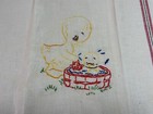Vintage Kitchen Dish Towel  Cotton  Part Linen  Woven Stripes  Duck Embroidery