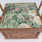 Vtg Sewing Basket Square 10x10 Wicker Monet Floral Tapestry Wood Victorian Large