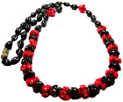 French Red   Black Glass Flowers Beaded Vintage Necklace