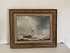 Antique Marine Seascape Oil Painting Dutch Ships Sailing Stormy Sea 20th Century