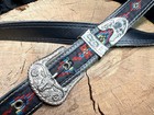 Vintage Southwestern Western Belt Embroidered Black Silver Tone Buckle Boho