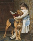 Antique Girl Reading With Dog Vintage Painting Poster Print Home Decor