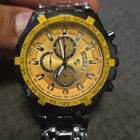 Sports Master Chronograph Quartz Men s Wristwatch Gold Dial Black Metal Bracelet