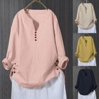 Autumn Womens V Neck Solid Casual Pullover Long Sleeve Button T-shirt Blouse Top