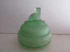 Seated Felix Cat Frosted Green Powder  Trinket Jar Uranium Glass  glows 