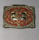 Vintage Cupid Trinket Jewelry Box Mirror Footed Gold   Red Intricate Detail