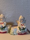 2 Vtg  Commodore Angel Candle Holders Christmas Wreath Bells Sugared