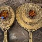 Vintage Ormolu 24  Kt Gold Plated Jeweled Hand Mirror  Brush Vanity Dresser Set