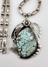 Vtg Navajo Sterling Silver Spiderweb  8 Turquoise Bench Bead Pendant Necklace