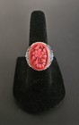 Antique Chinese Export Carved Flowers Cinnabar Silver Filigree   Enamel Ring 