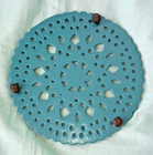 Beautiful Vintage Cast Iron Tourquoise Enamel Round Footed Trivet 6 7 8 Diameter