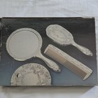 Vintage Silver-tone Vanity Set In Box Mirror Hairbrush Comb Ornate