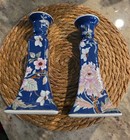 Vintage Pair Chinese Porcelain Candlestick Holders Cobalt Blue Pink Floral Set 2