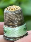 Antique Sterling Silver Enamel Guilloche W Painted Rose Thimble
