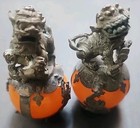 Chinese Tibet Silver Dragon Inlaid Orange Jade Hand Carved Pair Lion Statues 