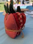 Fabric Apple Pincushion Red White Farmhouse Decor Jute Tied