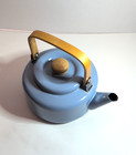 Vintage Danish Copco Style Retro Kitchen Blue Enamel   Wood Tea Kettle Teapot
