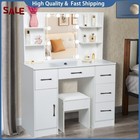 Makeup Vanity Desk Set Dressing Table With Stool   Led Lighted Mirror 5 Drawers
