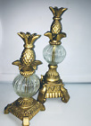 Candelstick Holders Baldwind Pineapple Mcm Hollywood Metal   Glass 2 Pc Set Vtg 
