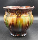 Vtg Art Pottery Green Brown Jardinere Planter Pot 8 t Scalloped Footed Base Read