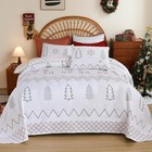 Christmas Embroidery Quilt Set 3 Pieces Queen Size Xmas Tree Reindeer Pattern