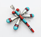 Vintage Zuni Sterling Silver 45 By 37 Mm Turquoise Coral Mop Pendant Pin Brooch