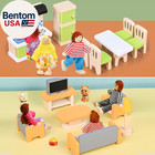 36pcs Wooden Dollhouse Furniture Set With 4 Flexible Family Dolls - 5 Room Reali