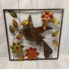 Vintage Mid Century Metal Art 3d Framed Wall Hanging  bird  floral  leaves 16x16
