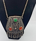 Vintage Ethnic Indian Sajai Silver Metal Natural Stone Coin Purse Chain Necklace