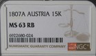 1807-a Austria 15 Kreuzer Ngc Certified Ms 63 Rb World Coin  615